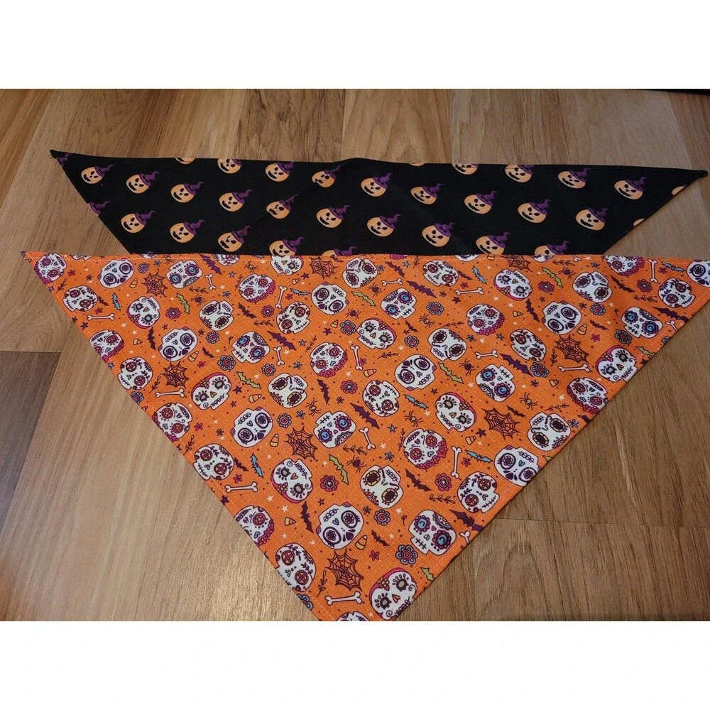 NEW 2 Pack Halloween Pet Dog Bandanas Sugar Skull Candy Corn Pumpkin Bats LG/XL